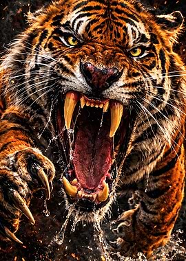Fierce Tiger Roaring with Water Splashes