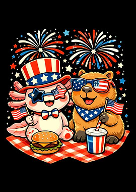 Fourth of July Poster, Patriotic Axolotl & Bear Picnic Wall Art, USA Celebration Print