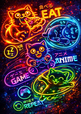 Neon Cats Enjoying Food, Games, and Anime