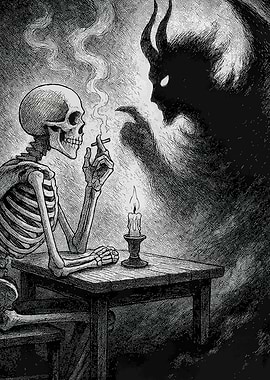 Skeleton Smoking with Demon Shadow