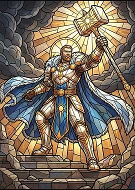 Stained Glass Warrior with Hammer
