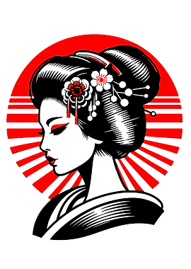 Geisha with Red Sun Background