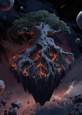 Floating Island Tree with Fiery Roots