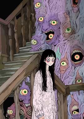 Girl and Creepy Creatures on Stairs