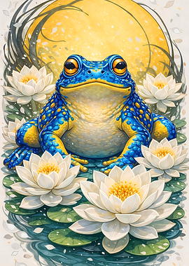 Blue Frog with Lotus Flowers