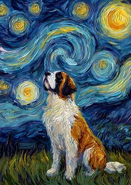 Saint Bernard Starry Night Painting