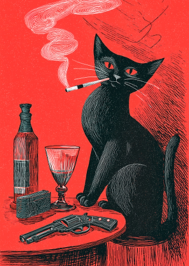 Black Cat with Cigarette and Gun