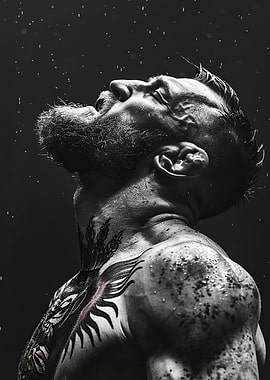 Man with tattoos in the rain