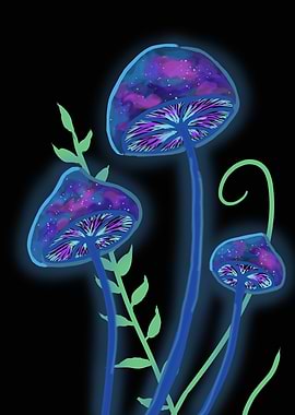 Cosmic Mushrooms with Glowing Aura