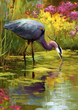 Heron drinking water in a garden