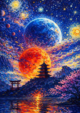 Surreal Japanese Landscape with Celestial Bodies