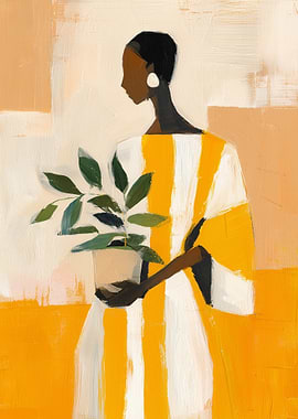 Woman in striped dress holding plant