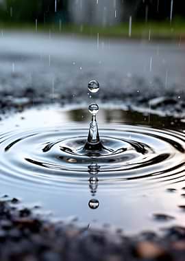 Raindrops Falling into Puddle
