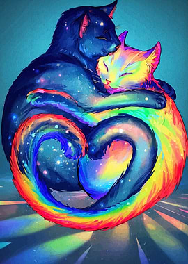 Cosmic Cats in Heart Embrace