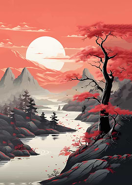 Japanese Landscape with Red Tree