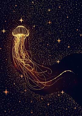 Golden Jellyfish in Starry Night Sky