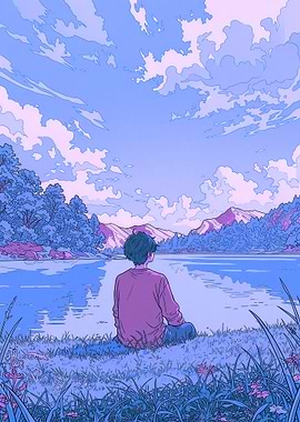 Person sitting by a lake