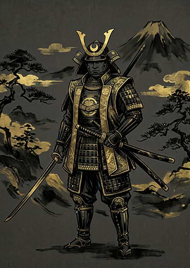 Samurai Warrior with Mount Fuji