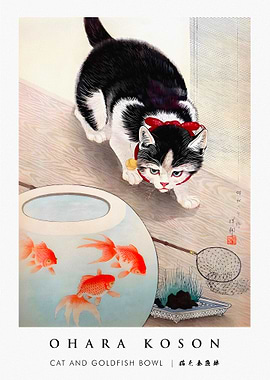Ohara Koson Cat and Goldfish Bowl