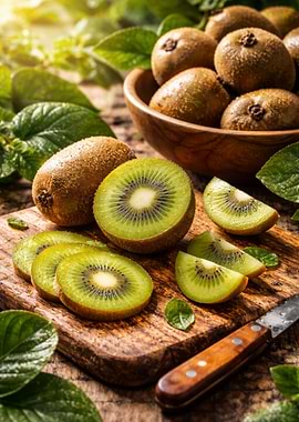 Fresh Kiwis on a Wooden Board