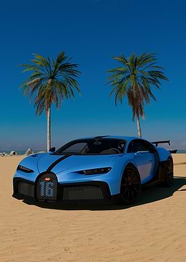 Blue Bugatti on a Sandy Beach
