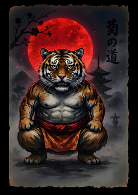Sumo Tiger Under a Red Moon