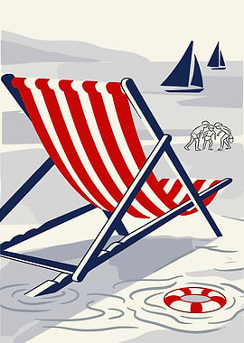 Beach Scene with Deck Chair and Sailboats