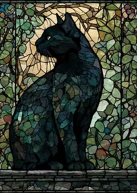 Black Cat in Stained Glass Style
