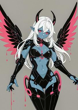 Blue Demon Angel with Black and Pink Wings