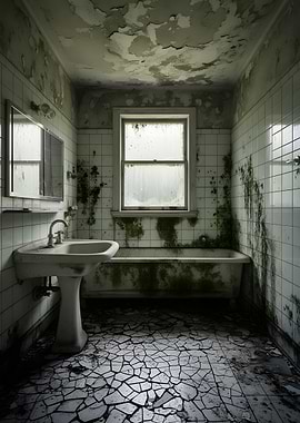 Abandoned Bathroom with Mold and Cracked Tiles