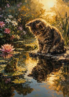 Cute Kitten and Frog by the Pond