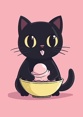 Cute Black Cat Eating Ice Cream
