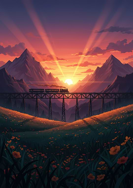 Train on a bridge at sunset