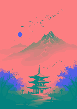 Pagoda and Mountain Landscape