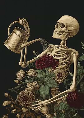 Skeleton watering flowers