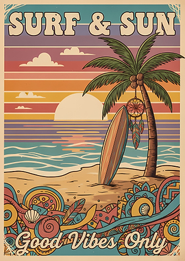 Surf and Sun Retro Beach Poster