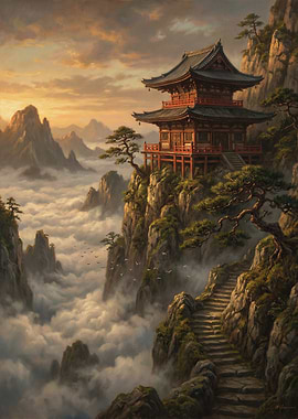 Serene Mountain Temple at Sunrise