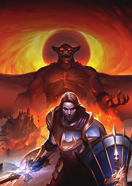 Knight vs Demon in Fiery Landscape