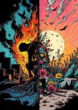 Duality of Life: Fire and Flowers