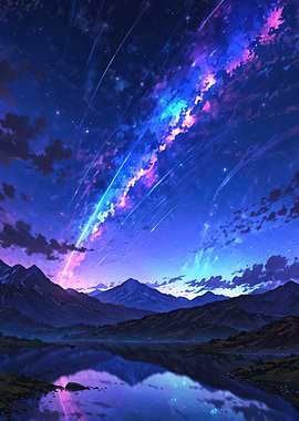 Vibrant Night Sky Over Mountains and Lake