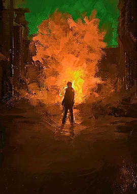 Figure in front of a large fire