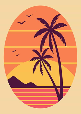 Retro Sunset Beach Palm Trees
