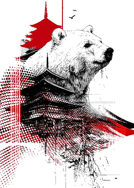 Bear and Japanese Pagoda Art