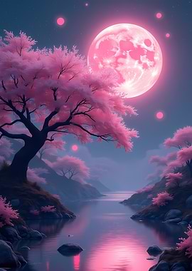 Pink Moon Lake Poster – Dreamy Sakura Night Landscape | Fantasy Moon Wall Art