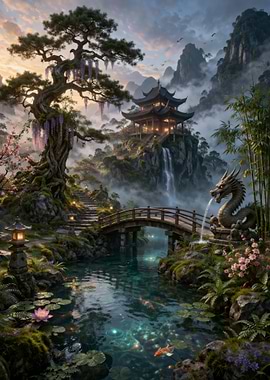 Asian Garden with Dragon Fountain