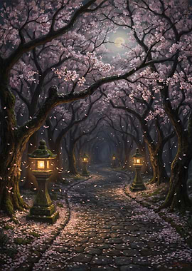 Enchanted Cherry Blossom Path at Night