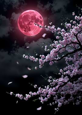 Pink Moon Sakura Poster – Japanese Cherry Blossom Night Sky | Red Moon
