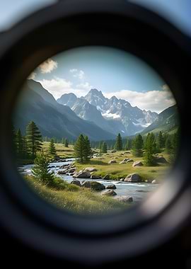 Mountain River Landscape Through Binoculars