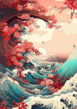 Japanese Wave and Cherry Blossoms