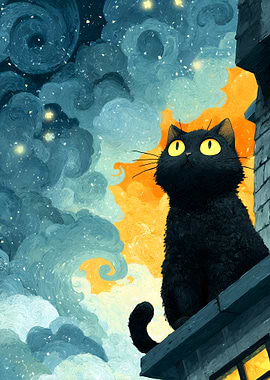 Black Cat on Rooftop Under Starry Sky